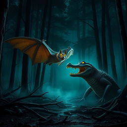 A dark, misty forest at night with an atmosphere of fear and suspense