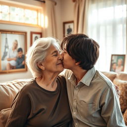 A warm, tender moment between an elderly mother and her adult child, sharing a gentle kiss on the cheek