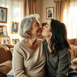 A warm, tender moment between an elderly mother and her adult child, sharing a gentle kiss on the cheek