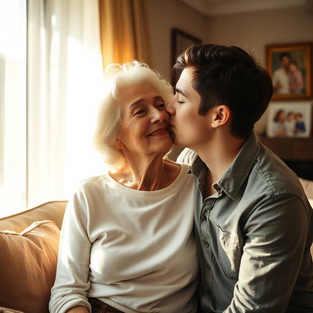 A warm, tender moment between an elderly mother and her adult child, sharing a gentle kiss on the cheek