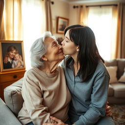 A warm, tender moment between an elderly mother and her adult child, sharing a gentle kiss on the cheek