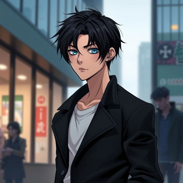 A handsome young man with jet black hair and striking blue eyes, depicted in a manhwa style