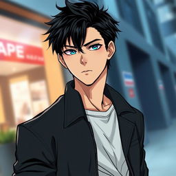 A handsome young man with jet black hair and striking blue eyes, depicted in a manhwa style