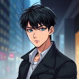 A handsome young man with jet black hair and striking blue eyes, depicted in a manhwa style