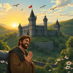 A serene medieval castle surrounded by lush green hills, symbolizing feudalism and prosperity
