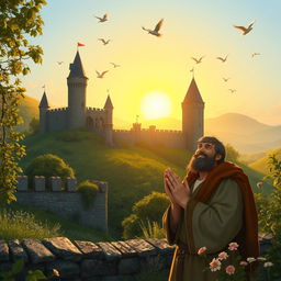 A serene medieval castle surrounded by lush green hills, symbolizing feudalism and prosperity