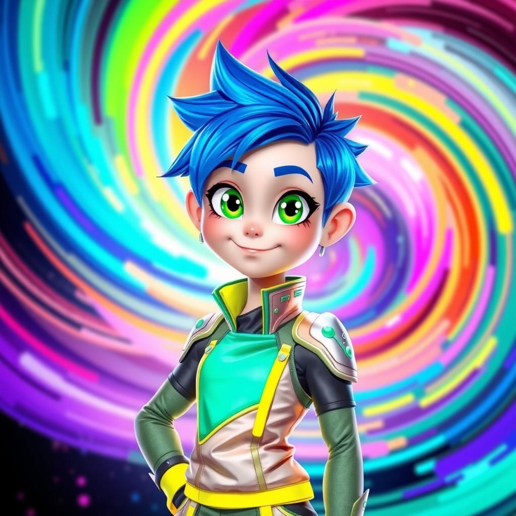 A vibrant and colorful avatar character, standing confidently with a playful expression