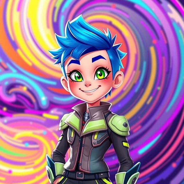 A vibrant and colorful avatar character, standing confidently with a playful expression