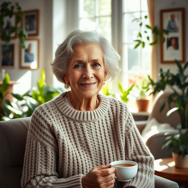 A beautiful elderly woman with silver hair, wearing a cozy knitted sweater, sitting in a sunlit living room filled with plants