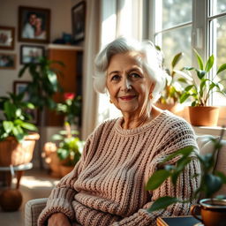 A beautiful elderly woman with silver hair, wearing a cozy knitted sweater, sitting in a sunlit living room filled with plants