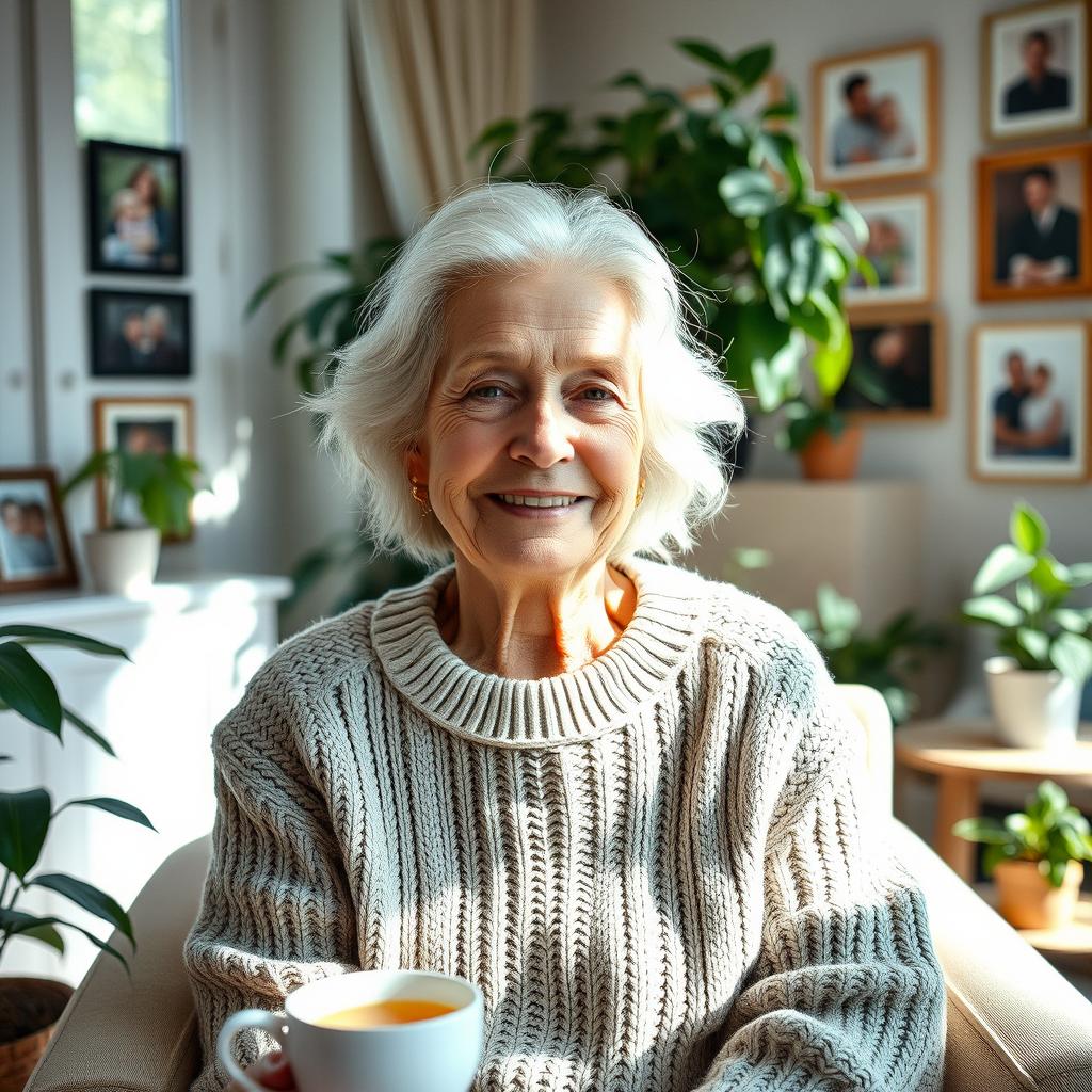 A beautiful elderly woman with silver hair, wearing a cozy knitted sweater, sitting in a sunlit living room filled with plants