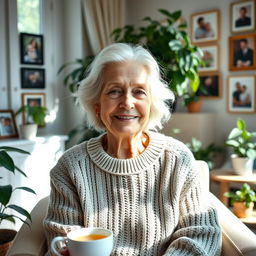 A beautiful elderly woman with silver hair, wearing a cozy knitted sweater, sitting in a sunlit living room filled with plants