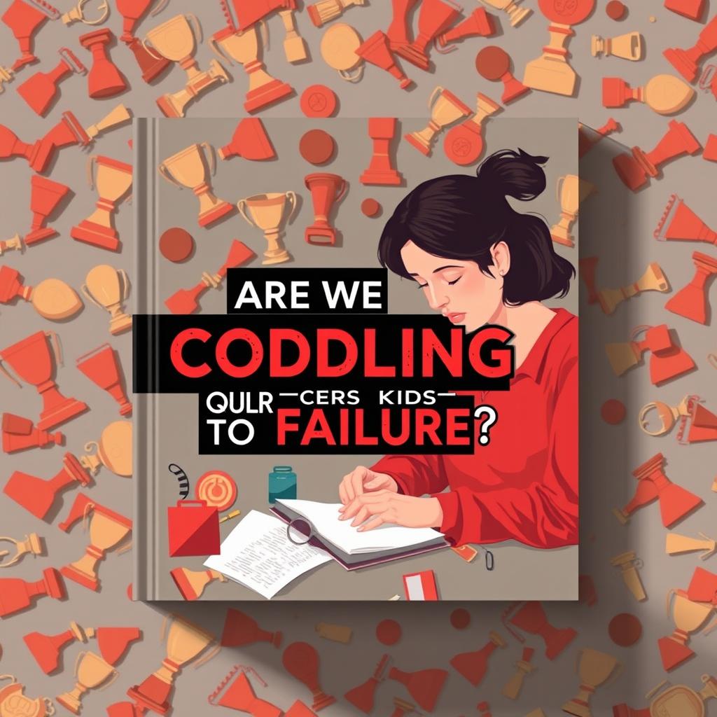 A flat book cover design featuring a concerned parent watching their child struggle with homework, surrounded by a clutter of trophies and awards that represent overprotection