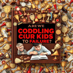 A flat book cover design featuring a concerned parent watching their child struggle with homework, surrounded by a clutter of trophies and awards that represent overprotection