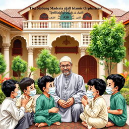 A book cover design dedicated to the prevention of tuberculosis transmission in Islamic orphanages, featuring a respected Ustad and his students