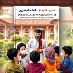 A book cover design dedicated to the prevention of tuberculosis transmission in Islamic orphanages, featuring a respected Ustad and his students
