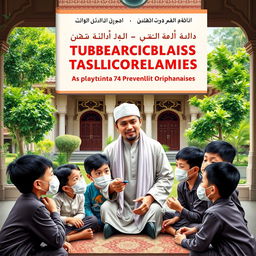 A book cover design dedicated to the prevention of tuberculosis transmission in Islamic orphanages, featuring a respected Ustad and his students