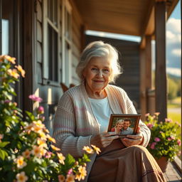 A touching scene depicting an elderly mother sitting on a porch, surrounded by blooming flowers and vibrant greenery