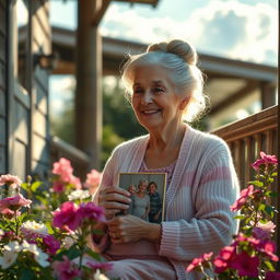 A touching scene depicting an elderly mother sitting on a porch, surrounded by blooming flowers and vibrant greenery