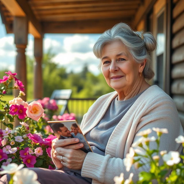 A touching scene depicting an elderly mother sitting on a porch, surrounded by blooming flowers and vibrant greenery