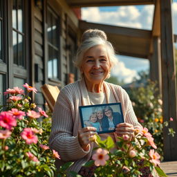 A touching scene depicting an elderly mother sitting on a porch, surrounded by blooming flowers and vibrant greenery
