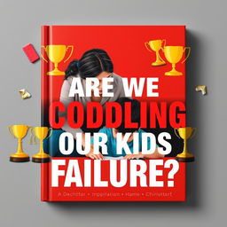 A flat book cover design depicting a concerned parent watching their child struggle with homework, surrounded by trophies and awards that symbolize overprotection