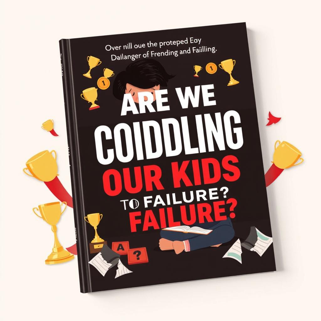 A flat book cover design depicting a concerned parent watching their child struggle with homework, surrounded by trophies and awards that symbolize overprotection