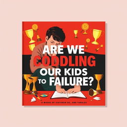 A flat book cover design depicting a concerned parent watching their child struggle with homework, surrounded by trophies and awards that symbolize overprotection