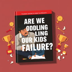 A flat book cover design depicting a concerned parent watching their child struggle with homework, surrounded by trophies and awards that symbolize overprotection