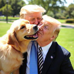 A playful scene featuring a golden retriever joyfully kissing former President Donald Trump on the cheek