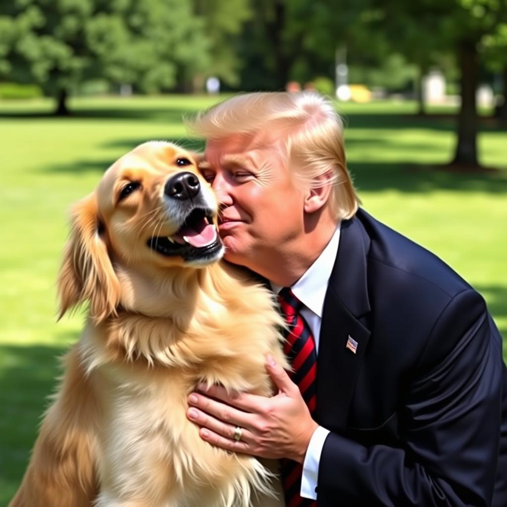 A playful scene featuring a golden retriever joyfully kissing former President Donald Trump on the cheek