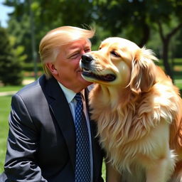A playful scene featuring a golden retriever joyfully kissing former President Donald Trump on the cheek