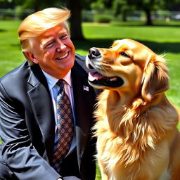 A playful scene featuring a golden retriever joyfully kissing former President Donald Trump on the cheek
