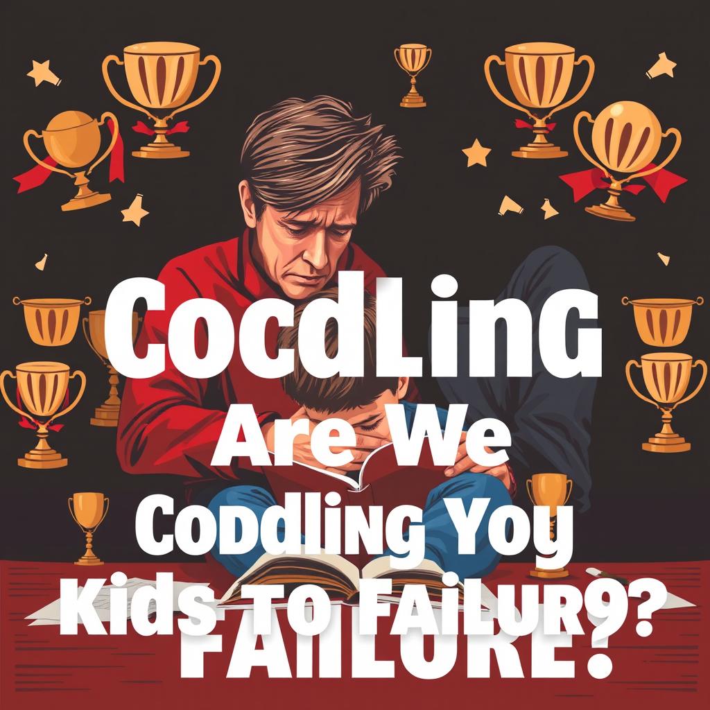 A realistic depiction of a concerned parent watching their child struggle with homework, surrounded by trophies and awards that symbolize overprotection