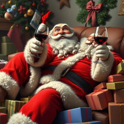 A humorous yet realistic depiction of Santa Claus lounging on a couch, one leg dangling down