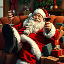 A humorous yet realistic depiction of Santa Claus lounging on a couch, one leg dangling down