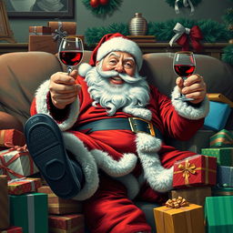 A humorous yet realistic depiction of Santa Claus lounging on a couch, one leg dangling down