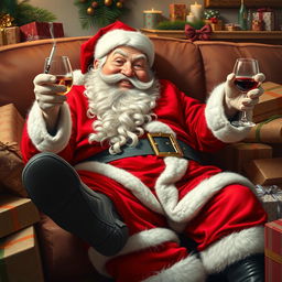 A humorous yet realistic depiction of Santa Claus lounging on a couch, one leg dangling down
