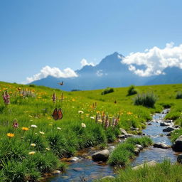A serene landscape featuring a lush green meadow with vibrant wildflowers under a clear blue sky
