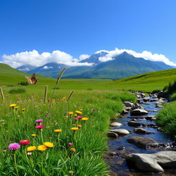 A serene landscape featuring a lush green meadow with vibrant wildflowers under a clear blue sky