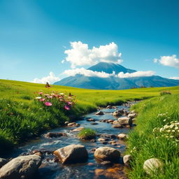 A serene landscape featuring a lush green meadow with vibrant wildflowers under a clear blue sky