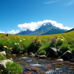 A serene landscape featuring a lush green meadow with vibrant wildflowers under a clear blue sky