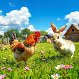 A serene farm scene featuring a vibrant chicken and a lively rabbit interacting playfully in a sunny meadow