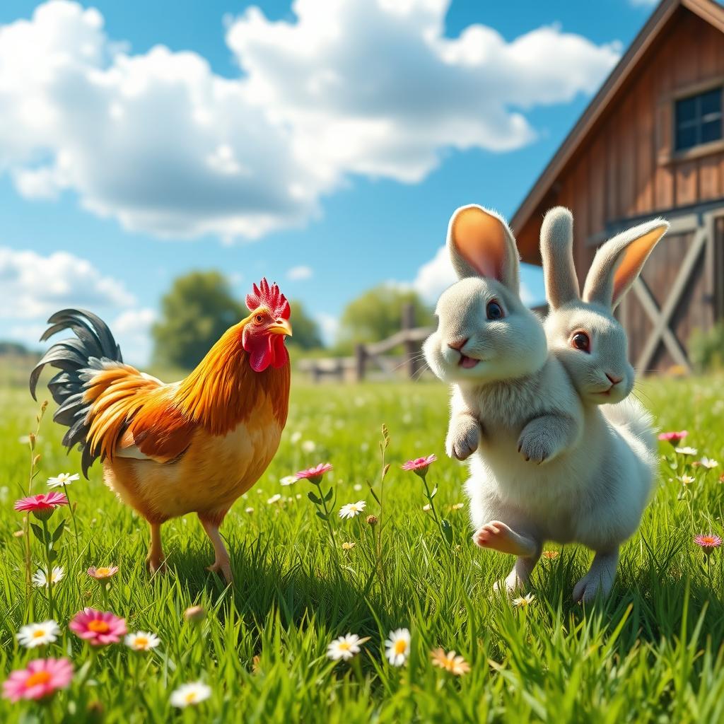 A serene farm scene featuring a vibrant chicken and a lively rabbit interacting playfully in a sunny meadow