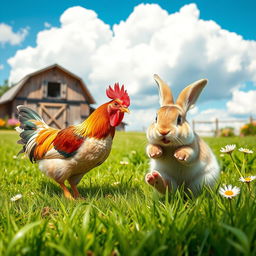 A serene farm scene featuring a vibrant chicken and a lively rabbit interacting playfully in a sunny meadow
