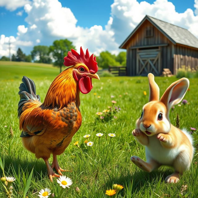 A serene farm scene featuring a vibrant chicken and a lively rabbit interacting playfully in a sunny meadow