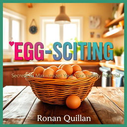 A vibrant and sunny kitchen scene filled with natural light, featuring a basket of eggs prominently displayed on a rustic wooden table