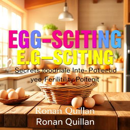 A vibrant and sunny kitchen scene filled with natural light, featuring a basket of eggs prominently displayed on a rustic wooden table