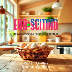 A vibrant and sunny kitchen scene filled with natural light, featuring a basket of eggs prominently displayed on a rustic wooden table