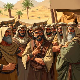 A scene depicting a group of ancient Arab people expressing their anger, set in a historical context